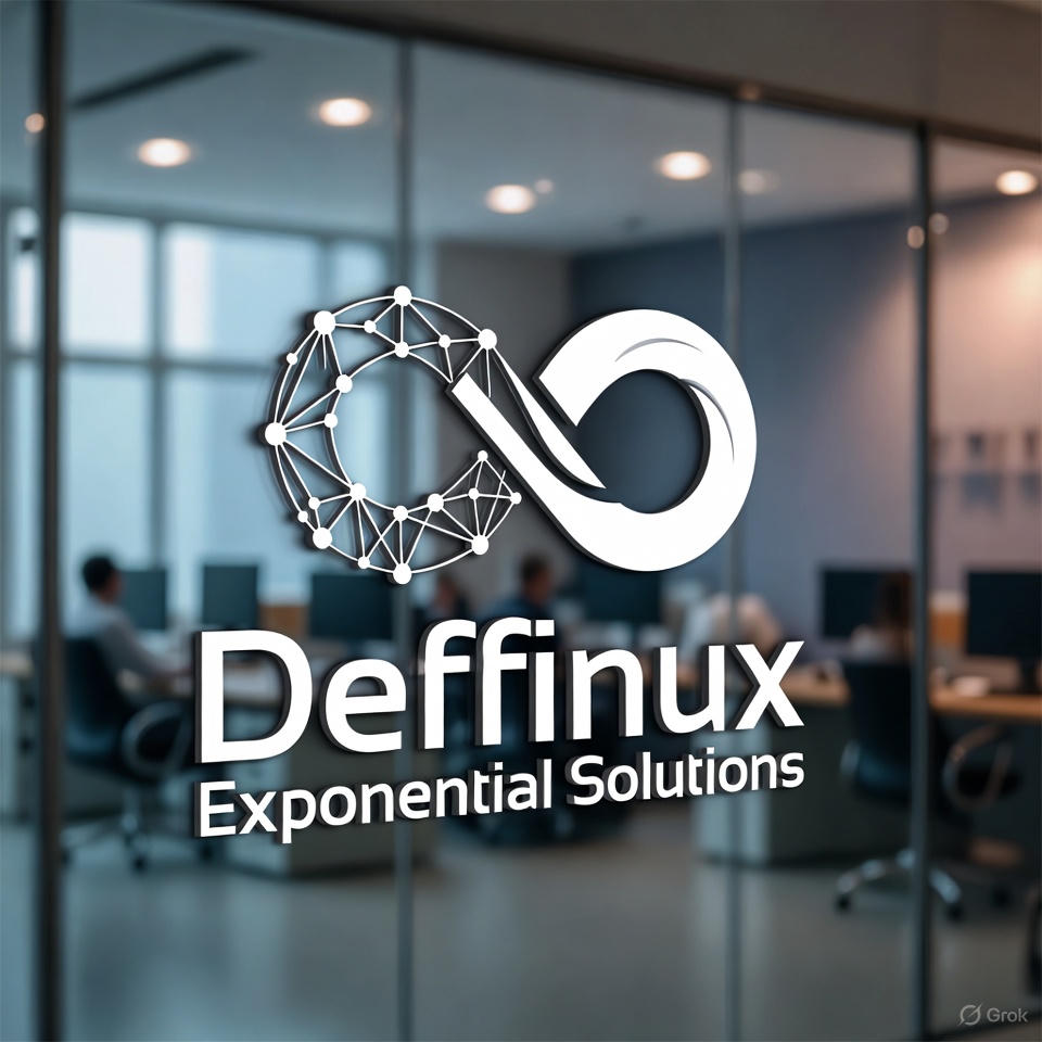 Deffinux Exponential Solutions logo featuring a geometric network design and infinity symbol